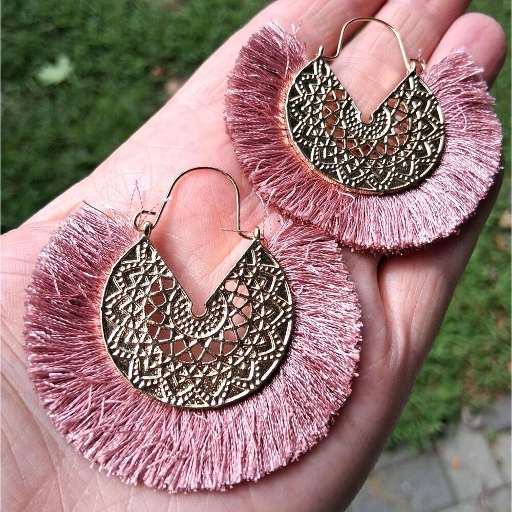 157 Boho Earrings Round Pink Silk Fringe Gold Tone Filigree Dangles